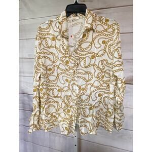 NWT Carla G Women's Size 42 US 6 Gold Chain Print White Button Down Shirt Top